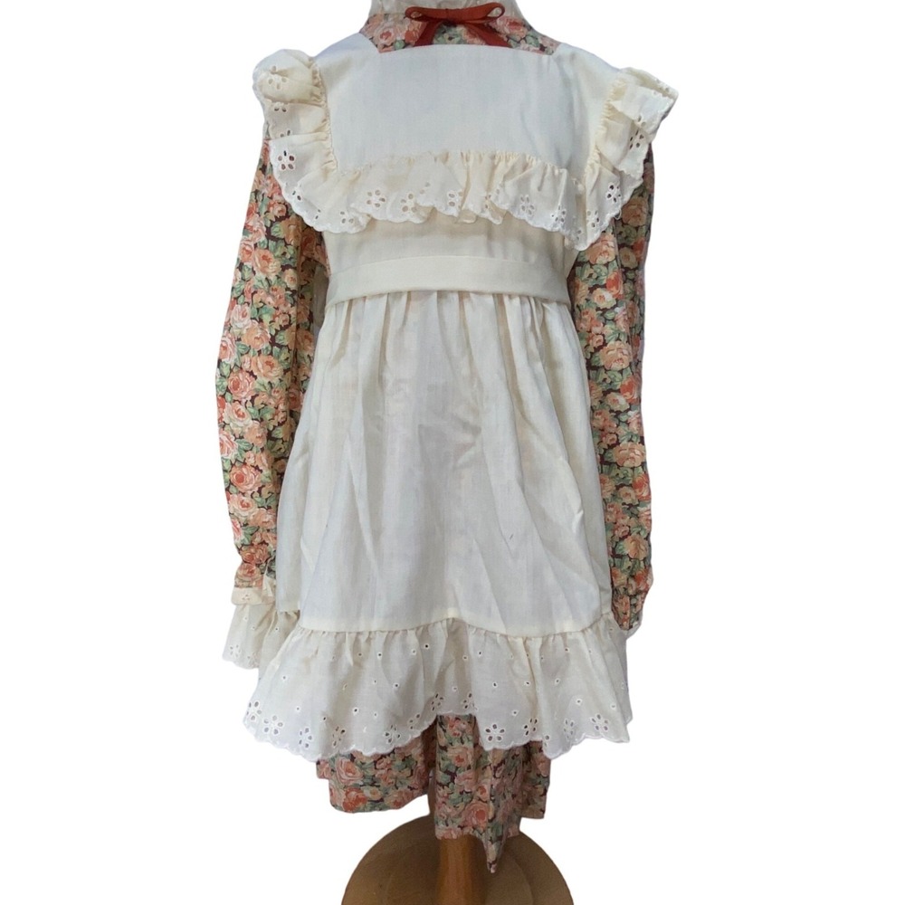 Vintage Nannette Girls Floral Prairie Dress with Eyelet Pinafore Apron Size 6